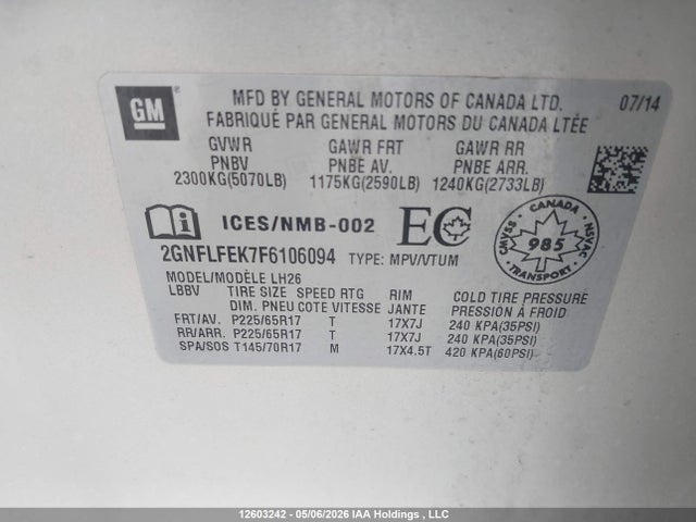 2015 Chevrolet Equinox 1lt მანქანა იყიდება აუქციონზე, vin: 2GNFLFEK7F6106094, აუქციონის ნომერი: 12603242