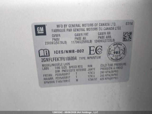 2015 Chevrolet Equinox 1lt მანქანა იყიდება აუქციონზე, vin: 2GNFLFEK7F6106094, აუქციონის ნომერი: 12603242