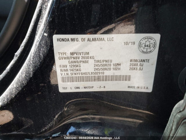 Продаж на аукціоні авто 2020 Honda Pilot, vin: 5FNYF6H07LB502910, номер лоту: 12603243