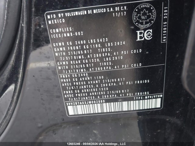 3VV2B7AXXJM082889 Volkswagen Tiguan Comfortline