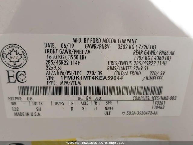 1FMJK1MT4KEA59644 Ford Expedition Max Platinum