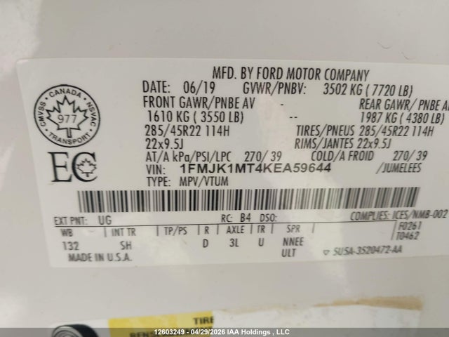 1FMJK1MT4KEA59644 Ford Expedition Max Platinum