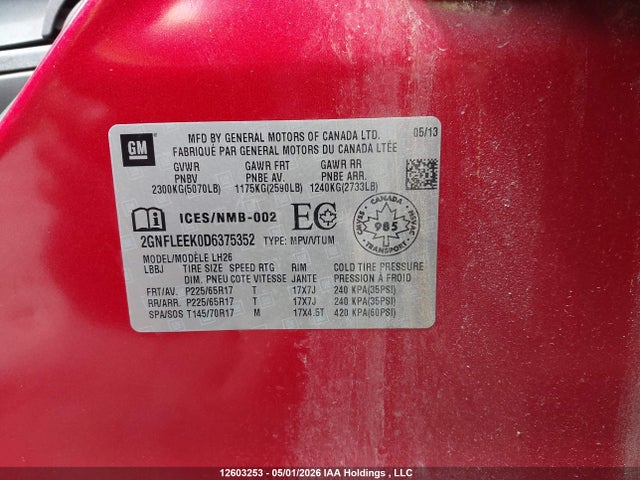 Aukcja sprzedaży 2013 Chevrolet Equinox Lt, vin: 2GNFLEEK0D6375352, numer aukcji: 12603253