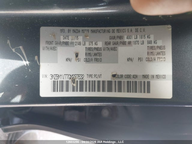 12603256 :رقم المزاد ، 3MZBM1V77GM237632 vin ، 2016 Mazda Mazda3 Gs مزاد بيع
