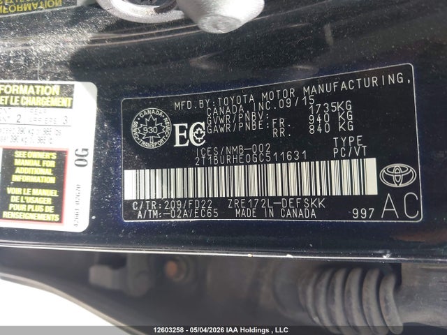 12603258 :رقم المزاد ، 2T1BURHE0GC511631 vin ، 2016 Toyota Corolla S مزاد بيع