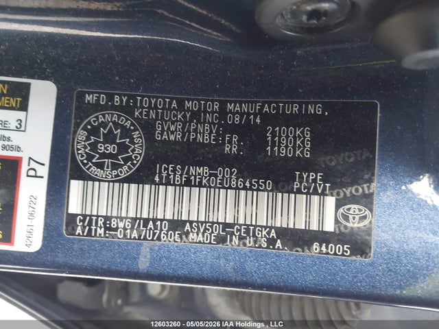 12603260 :رقم المزاد ، 4T1BF1FK0EU864550 vin ، 2014 Toyota Camry Xle مزاد بيع