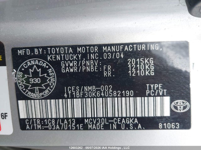 Aukcja sprzedaży 2004 Toyota Camry Le/xle/se, vin: 4T1BF30K64U582190, numer aukcji: 12603262