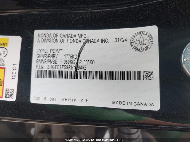 Продаж на аукціоні авто 2024 Honda Civic, vin: 2HGFE2F59RH108492, номер лоту: 12603266