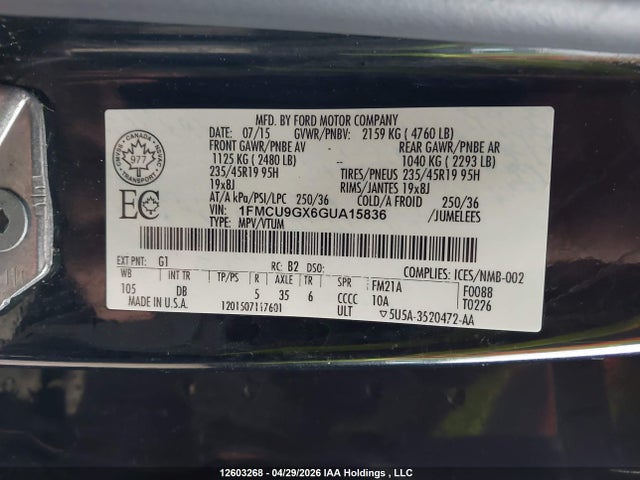 12603268 :رقم المزاد ، 1FMCU9GX6GUA15836 vin ، 2016 Ford Escape Se مزاد بيع