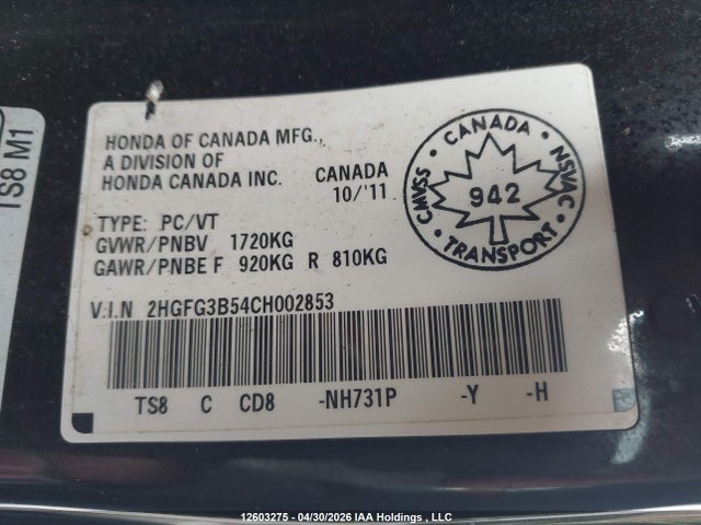 2012 Honda Civic Ex მანქანა იყიდება აუქციონზე, vin: 2HGFG3B54CH002853, აუქციონის ნომერი: 12603275