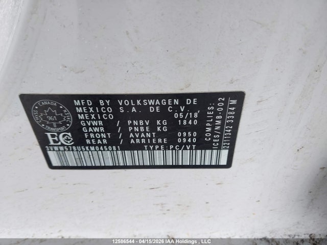 3VWW57BU5KM045081 Volkswagen Jetta 1.4 Tsi Highline