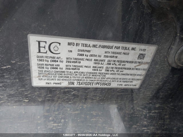7SAYGDEE1PF599435 Tesla Model Y Long Range