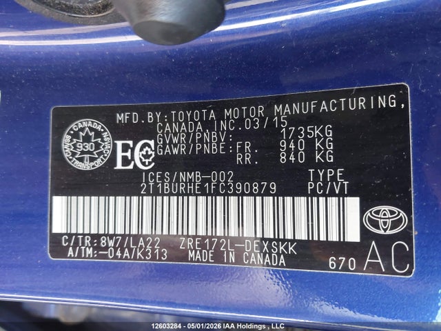 Aukcja sprzedaży 2015 Toyota Corolla S, vin: 2T1BURHE1FC390879, numer aukcji: 12603284