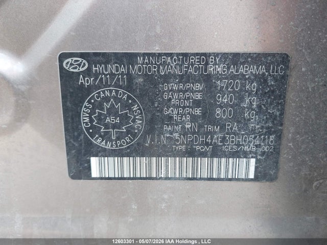 2011 Hyundai Elantra მანქანა იყიდება აუქციონზე, vin: 5NPDH4AE3BH054118, აუქციონის ნომერი: 12603301