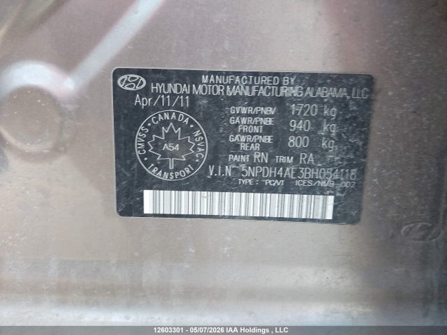 2011 Hyundai Elantra მანქანა იყიდება აუქციონზე, vin: 5NPDH4AE3BH054118, აუქციონის ნომერი: 12603301