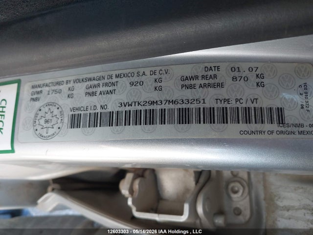 2007 Volkswagen City Jetta 2.0 მანქანა იყიდება აუქციონზე, vin: 3VWTK29M37M633251, აუქციონის ნომერი: 12603303