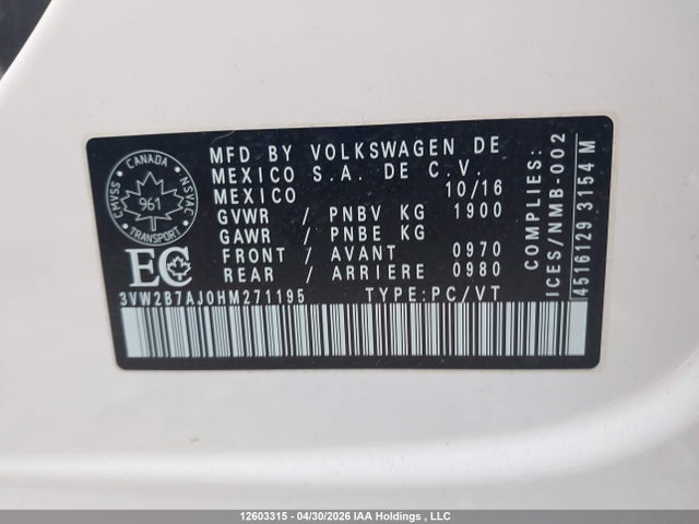 12603315 :رقم المزاد ، 3VW2B7AJ0HM271195 vin ، 2017 Volkswagen Jetta S مزاد بيع