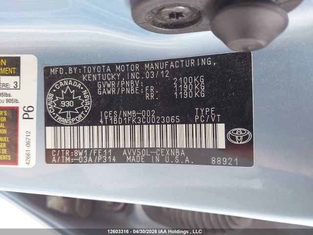 2012 Toyota Camry Hybrid Le მანქანა იყიდება აუქციონზე, vin: 4T1BD1FK3CU023065, აუქციონის ნომერი: 12603316