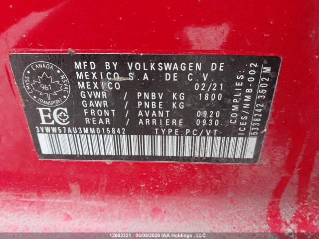 3VWW57AU3MM015842 Volkswagen Golf Comfortline/highline