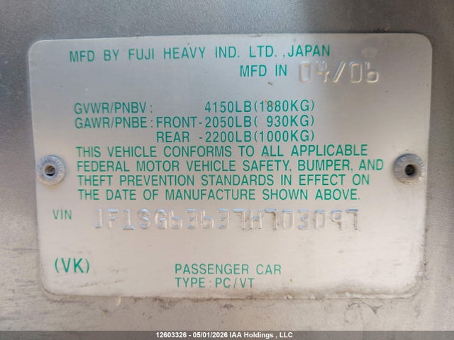Продажа на аукционе авто 2007 Subaru Forester 2.5x/sports 2.5x, vin: JF1SG63637H703097, номер лота: 12603326