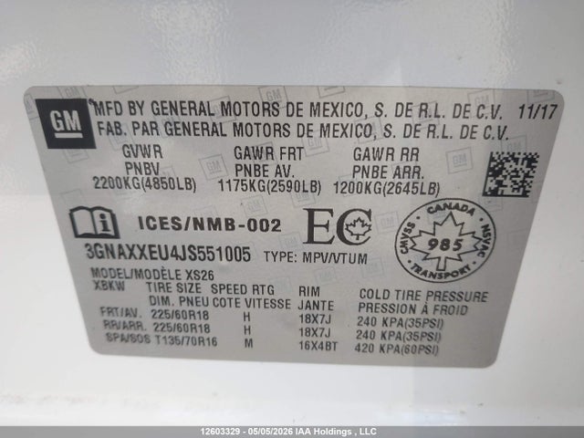 2018 Chevrolet Equinox Premier მანქანა იყიდება აუქციონზე, vin: 3GNAXXEU4JS551005, აუქციონის ნომერი: 12603329