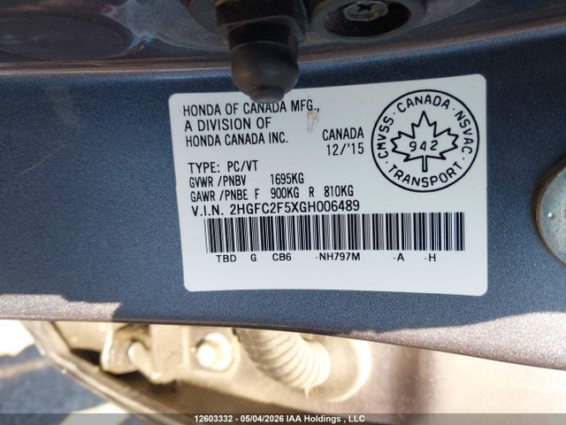 12603332 :رقم المزاد ، 2HGFC2F5XGH006489 vin ، 2016 Honda Civic مزاد بيع