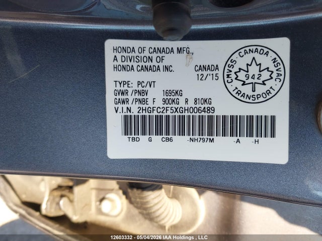 12603332 :رقم المزاد ، 2HGFC2F5XGH006489 vin ، 2016 Honda Civic مزاد بيع