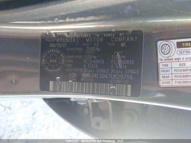 2007 Hyundai Tucson Gls მანქანა იყიდება აუქციონზე, vin: KM8JM12B47U629756, აუქციონის ნომერი: 12603337