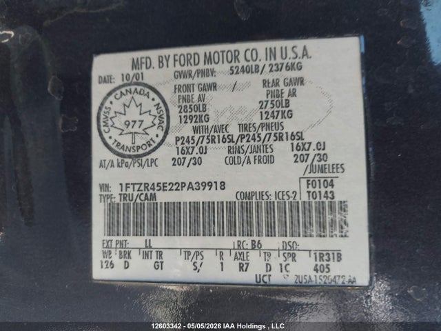 Продажа на аукционе авто 2002 Ford Ranger Edge/xlt, vin: 1FTZR45E22PA39918, номер лота: 12603342