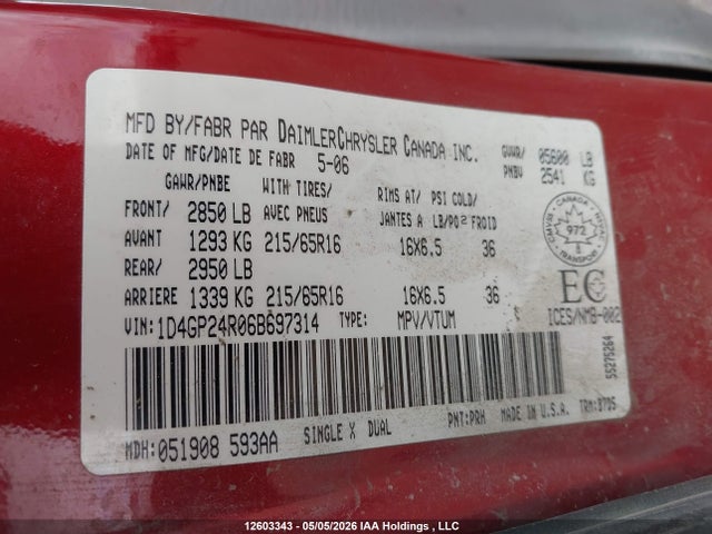 Aukcja sprzedaży 2006 Dodge Grand Caravan, vin: 1D4GP24R06B697314, numer aukcji: 12603343