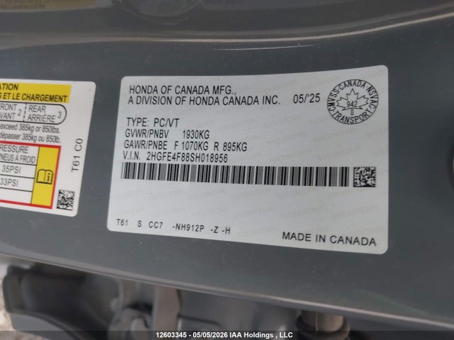 Aukcja sprzedaży 2025 Honda Civic Sport Hybrid/sport Touring Hybrid, vin: 2HGFE4F88SH018956, numer aukcji: 12603345