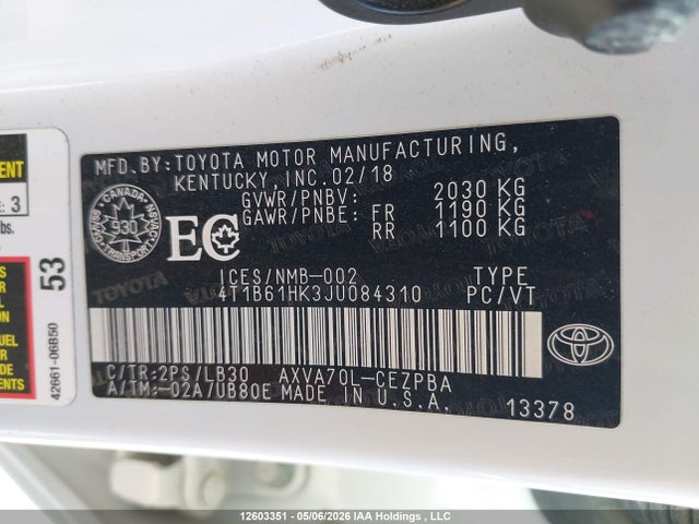 4T1B61HK3JU084310 Toyota Camry