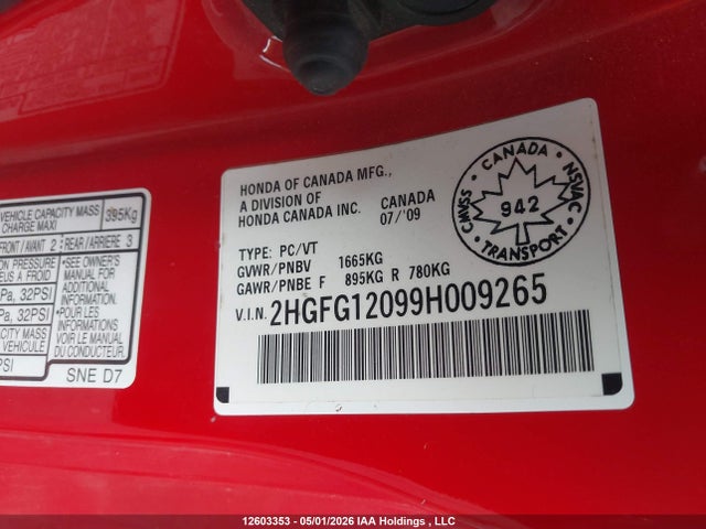 Продаж на аукціоні авто 2009 Honda Civic Exl, vin: 2HGFG12099H009265, номер лоту: 12603353