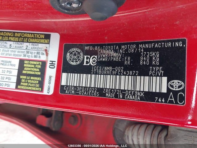Auction sale of the 2015 Toyota Corolla S, vin: 2T1BURHE9FC243872, lot number: 12603356