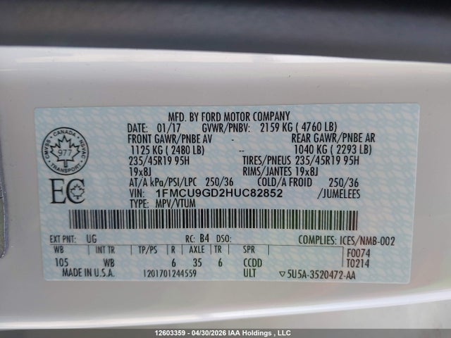 Продаж на аукціоні авто 2017 Ford Escape Se, vin: 1FMCU9GD2HUC82852, номер лоту: 12603359