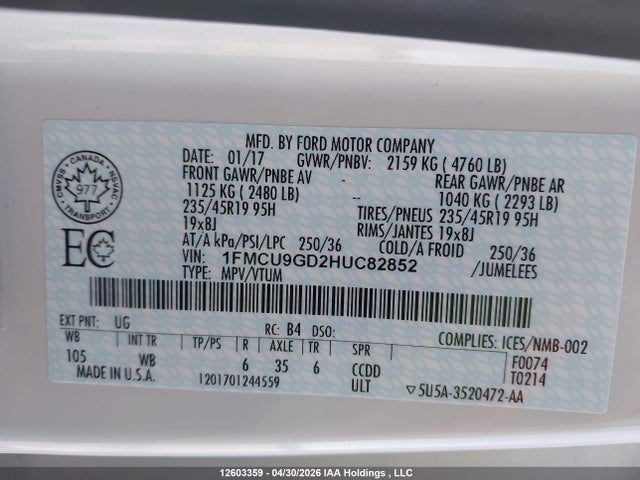 Продаж на аукціоні авто 2017 Ford Escape Se, vin: 1FMCU9GD2HUC82852, номер лоту: 12603359