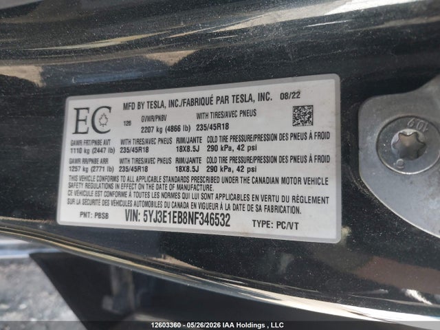 Tesla Model 3 Long Range 2022 5YJ3E1EB8NF346532 Image 9