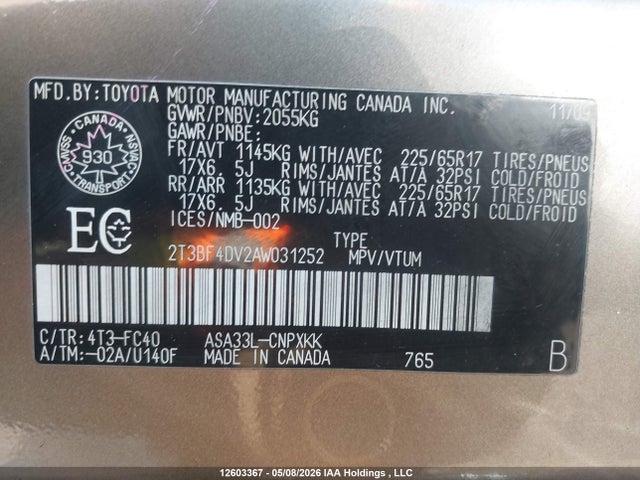 12603367 :رقم المزاد ، 2T3BF4DV2AW031252 vin ، 2010 Toyota Rav4 مزاد بيع