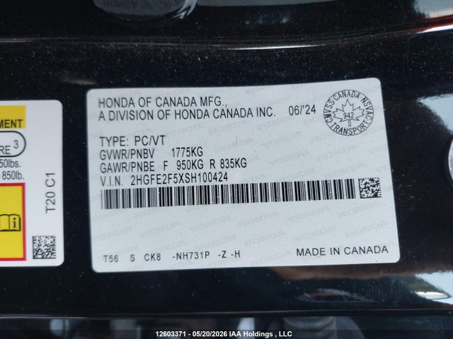 12603371 :رقم المزاد ، 2HGFE2F5XSH100424 vin ، 2025 Honda Civic مزاد بيع