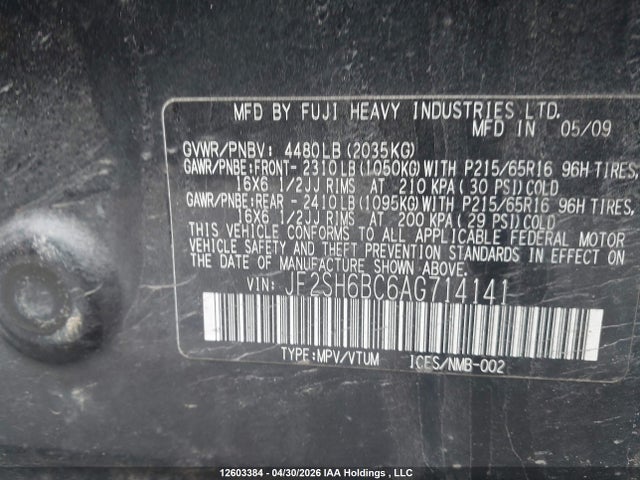 Aukcja sprzedaży 2010 Subaru Forester, vin: JF2SH6BC6AG714141, numer aukcji: 12603384