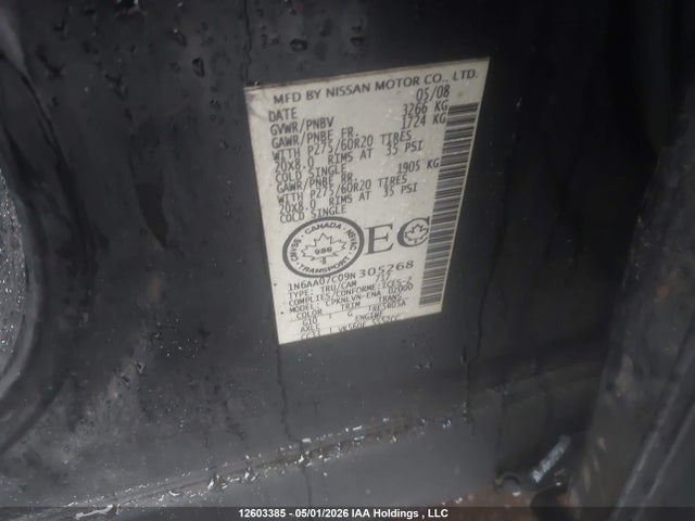 2009 Nissan Titan Xe/se/le/pro-4x მანქანა იყიდება აუქციონზე, vin: 1N6AA07C09N305268, აუქციონის ნომერი: 12603385