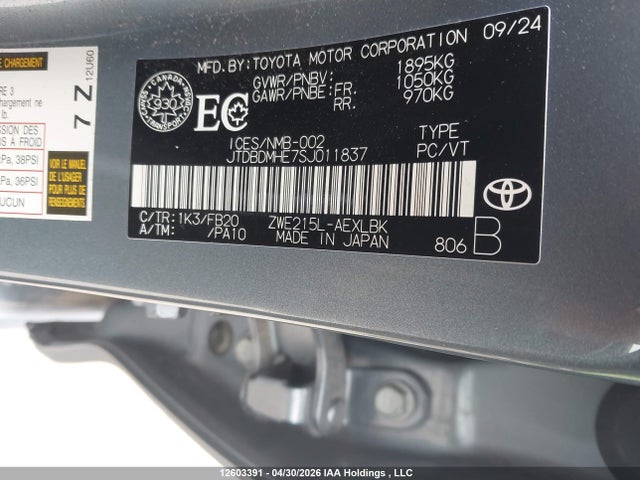 2025 Toyota Corolla Le/se მანქანა იყიდება აუქციონზე, vin: JTDBDMHE7SJ011837, აუქციონის ნომერი: 12603391