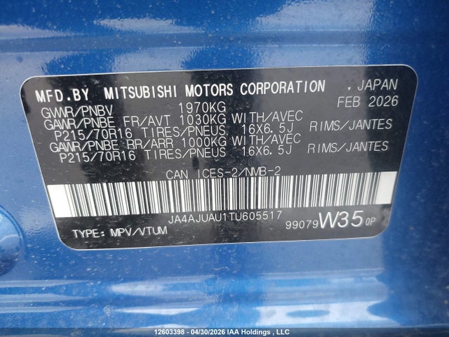 2026 Mitsubishi Rvr Es მანქანა იყიდება აუქციონზე, vin: JA4AJUAU1TU605517, აუქციონის ნომერი: 12603398