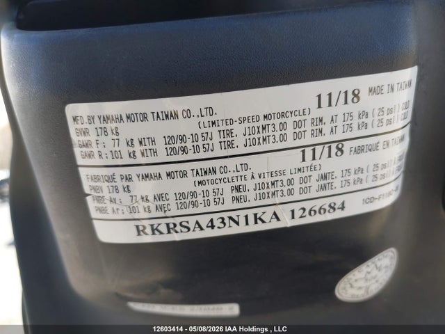 Aukcja sprzedaży 2019 Yamaha Yw50 F, vin: RKRSA43N1KA126684, numer aukcji: 12603414