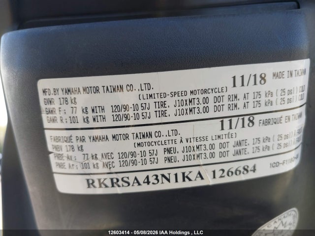 Aukcja sprzedaży 2019 Yamaha Yw50 F, vin: RKRSA43N1KA126684, numer aukcji: 12603414