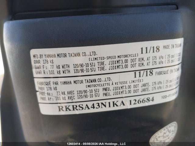 Aukcja sprzedaży 2019 Yamaha Yw50 F, vin: RKRSA43N1KA126684, numer aukcji: 12603414