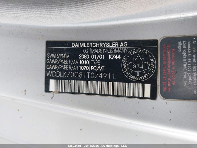 2001 Mercedes-benz Clk 430 მანქანა იყიდება აუქციონზე, vin: WDBLK70G81T074911, აუქციონის ნომერი: 12603419