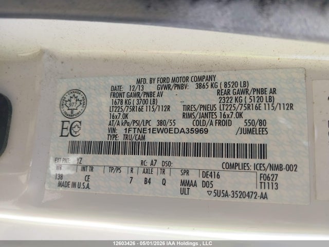 2014 Ford E-150 Commercial მანქანა იყიდება აუქციონზე, vin: 1FTNE1EW0EDA35969, აუქციონის ნომერი: 12603426