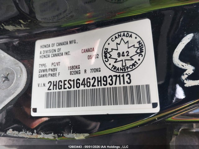 Продаж на аукціоні авто 2002 Honda Civic Dx/dx-g, vin: 2HGES16462H937113, номер лоту: 12603443