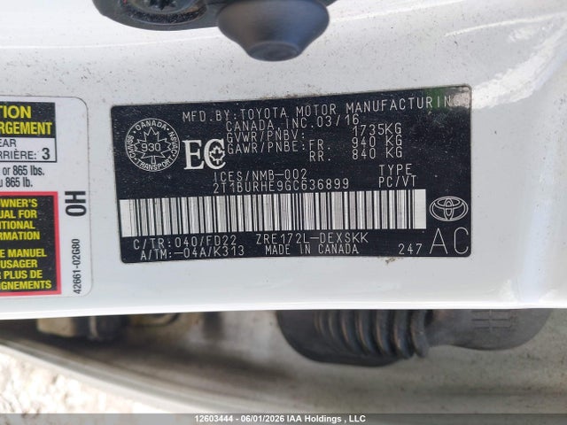 Aukcja sprzedaży 2016 Toyota Corolla Ce/le/s, vin: 2T1BURHE9GC636899, numer aukcji: 12603444